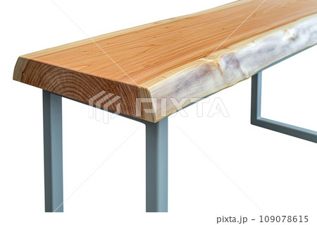 Live edge wooden bench with metal legs on a white background close-up Live edge wooden bench with metal legs on a white background close-up 109078615