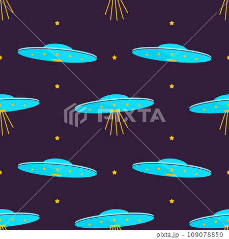 Vector modern cool pattern on the theme of space, aliens and extraterrestrials arriving on spaceships. Printable flat vector illustration for textile, fabric, wallpaper, wrapping. 109078850