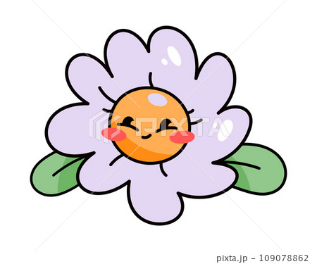 Cute cartoon kawaii character daisy flower with leaves in retro 70s style. Groove plant. Funny emotion. Vector illustration of print on clothes, poster design, decoration. 109078862