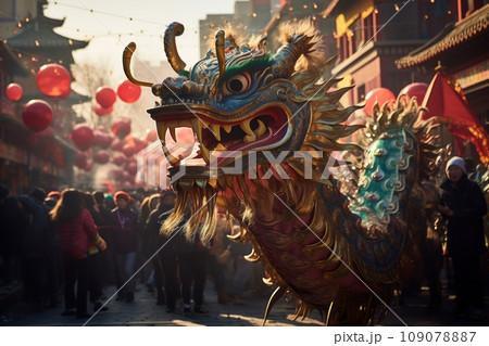 A festive image capturing a vibrant dragon parade during Chinese New Year celebrations, blending cultural tradition with the mythical dragon motif. A festive image capturing a vibrant dragon parade during Chinese New Year celebrations, blending cultural tradition with the mythical dragon motif. 109078887