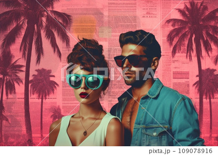 Collage of young fashion couple in retro vaporwave style with trendy glasses and palm trees on old newspaper or magazine. background. 109078916