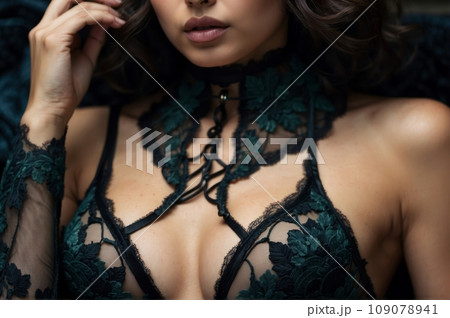 Young woman is trying on discount lingerie, for Black Friday promotion. Low prices for great underwear. Young woman is trying on discount lingerie, for Black Friday promotion. Low prices for great underwear. 109078941