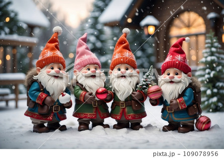 A group of mischievous gnomes joyfully play with Christmas decorations in a picturesque winter garden. Painting captures the enchanting and carefree spirit of Christmas festivities. 109078956