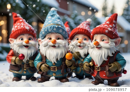 A group of mischievous gnomes joyfully play with Christmas decorations in a picturesque winter garden. Captures the enchanting and carefree spirit of Christmas festivities. 109078957