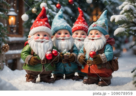 A group of mischievous gnomes joyfully play with Christmas decorations in a picturesque winter garden. Painting captures the enchanting and carefree spirit of Christmas festivities. 109078959
