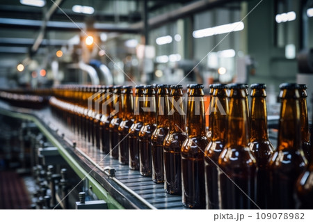 Efficiency in Motion: A Beer Bottles in a row on Conveyor Belt Systems in brewery. 109078982