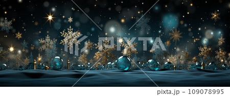 Intricate and shimmering snowflakes on a dark background, creating an elegant and captivating visual for Christmas web banner. Intricate and shimmering snowflakes on a dark background, creating an elegant and captivating visual for Christmas web banner. 109078995