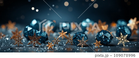 Intricate and shimmering snowflakes on a dark background, creating an elegant and captivating visual for Christmas web banner. 109078996