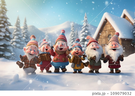 Gnomes dressed in festive attire singing Christmas carols around a snowy village 109079032