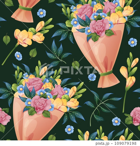 Seamless pattern with bouquet of roses and freesia. Birthday floral background. Festive texture for wrapping paper, cards, fabric, wallpaper. 109079198