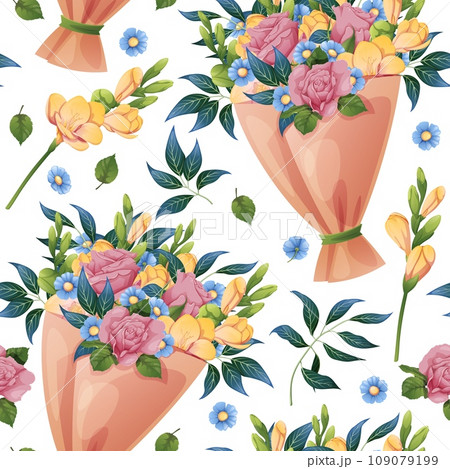 Seamless pattern with bouquet of roses and freesia. Birthday floral background. Festive texture for wrapping paper, cards, fabric, wallpaper. 109079199
