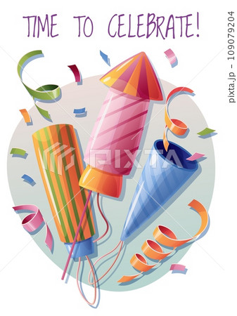 Birthday greeting card template. Banner, flyer with crackers, fireworks, serpentine and confetti. Time to celebrate Invitation design for holiday, anniversary, party. 109079204