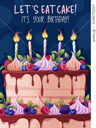 Birthday greeting card template. Banner, flyer with a cake decorated with cream, raspberries, blueberries and a candle. Happy birthday Invitation design for holiday, anniversary, party 109079207