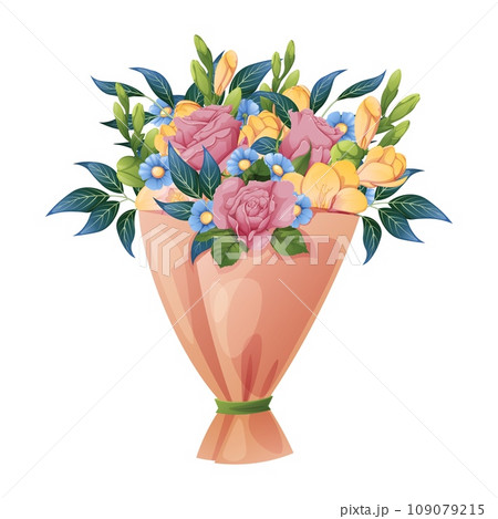 Birthday bouquet on a white background. Composition of roses, freesia, daisies. For decorative design of stickers, cards, etc. 109079215