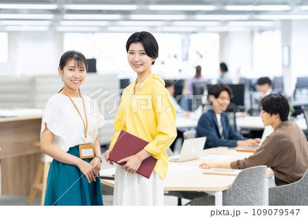 オフィスで打ち合わせをする新入社員の若い女性のエンジニア オフィスで打ち合わせをする新入社員の若い女性のエンジニア 109079547
