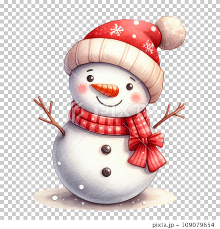 Cartoon cute snowman watercolor clip art illustration PNG 109079654