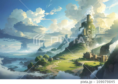 雲の上にある山頂の隠れ里ファンタジーイラスト 雲の上にある山頂の隠れ里ファンタジーイラスト 109079845