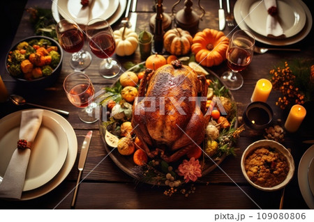 Thanksgiving dinner with baked turkey 109080806