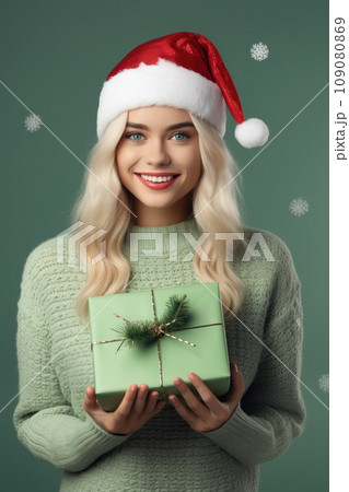 Portrait of young woman in Christmas knitted sweater Portrait of young woman in Christmas knitted sweater 109080869