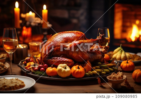 Thanksgiving dinner with baked turkey 109080985