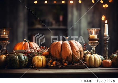 Thanksgiving table setting with pumpkin Thanksgiving table setting with pumpkin 109081120