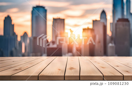 Empty office table with skyline window backdrop 109081230