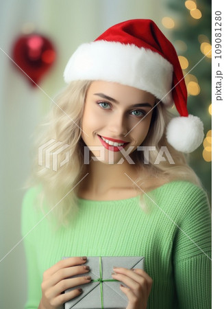 Portrait of young woman in Christmas knitted sweater 109081280