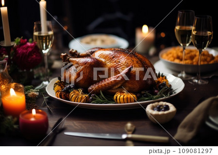 Thanksgiving dinner with baked turkey 109081297