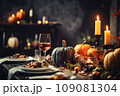 Thanksgiving table setting with pumpkin 109081304