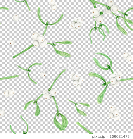 Seamless pattern of Mistletoe evergreen branches, leaves and white berries. Christmas symbol. Watercolor hand drawn botanical background for packing, textile, paper, winter prints, invitations, design 109081475