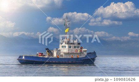 Coast Guard ship in the bay of the Pacific Ocean in Kamchatka peninsula 109081626