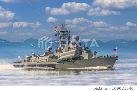Russian warship going along the coast of Kamchatka 109081640