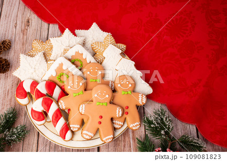 Christmas homemade gingerbread cookies on wooden table. Top view Christmas homemade gingerbread cookies on wooden table. Top view 109081823