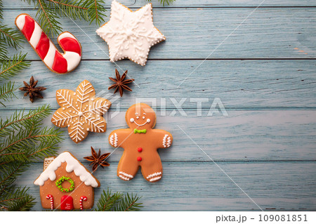 Christmas homemade gingerbread cookies on wooden table. Top view Christmas homemade gingerbread cookies on wooden table. Top view 109081851