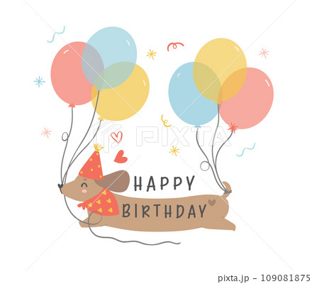 Cute Birthday Dachshund Dog Wearing Party Hat and Holding Balloons. Kawaii cartoon hand drawing flat design graphic illustration. Cute Birthday Dachshund Dog Wearing Party Hat and Holding Balloons. Kawaii cartoon hand drawing flat design graphic illustration. 109081875