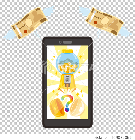 Smartphone gacha screen and flying bills 109082069