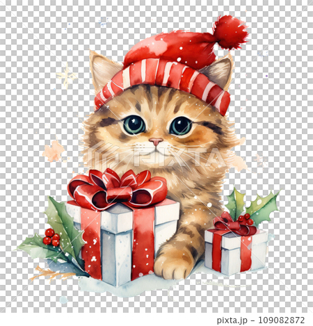 Hand Drawn Cute Christmas Cat with santa hat in Watercolor Style, Clipart for Holiday Decoration, Isolated on Transparent Background for Creative Crafting and Design, Ai generative 109082872