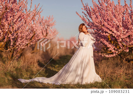 Woman blooming peach orchard. Against the backdrop of a picturesque peach orchard, a woman in a long white dress enjoys a peaceful walk in the park, surrounded by the beauty of nature. Woman blooming peach orchard. Against the backdrop of a picturesque peach orchard, a woman in a long white dress enjoys a peaceful walk in the park, surrounded by the beauty of nature. 109083231