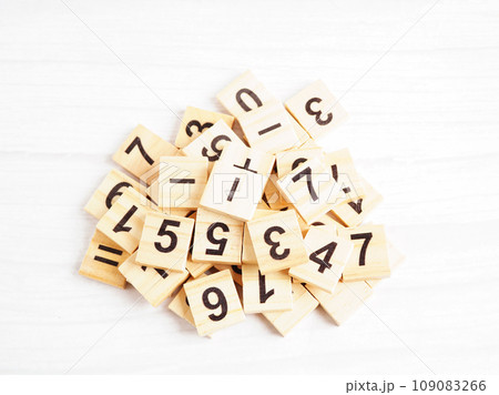 Number wood block cubes for learning Mathematic, education math concept. 109083266