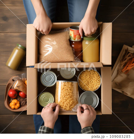 Food drive concept - diverse group of volunteers distributes food among less fortunate Food drive concept - diverse group of volunteers distributes food among less fortunate 109083285