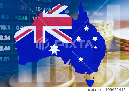 Australia flag and map with stock market finance, economy trend graph digital technology. 109083415