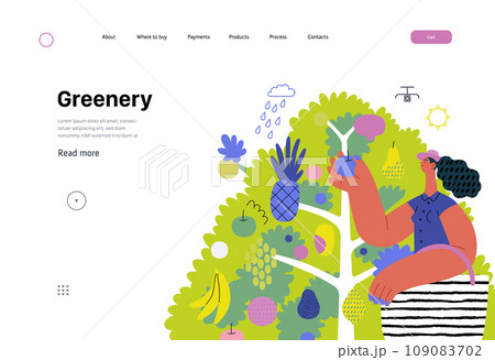 Greenery, ecology -modern flat vector concept illustration of a woman gathering fruit from the 40 fruit tree. Metaphor of environmental sustainability and protection, closeness to nature 109083702