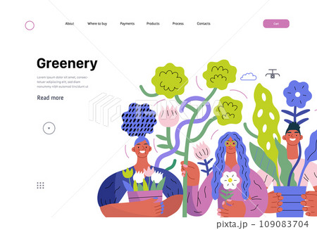 Greenery, ecology -modern flat vector concept illustration of people surrounded by plants and flowers. Metaphor of environmental sustainability and protection, closeness to nature Greenery, ecology -modern flat vector concept illustration of people surrounded by plants and flowers. Metaphor of environmental sustainability and protection, closeness to nature 109083704