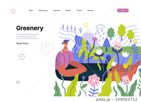 Greenery, ecology -modern flat vector concept illustration of a man sitting in the landscape with river and waterfall. Metaphor of environmental sustainability and protection, closeness to nature 109083712