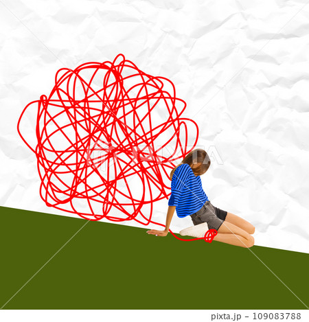 Poster. Contemporary art collage. Woman tries to stop red lump that flies from above against crumpled paper background. Poster. Contemporary art collage. Woman tries to stop red lump that flies from above against crumpled paper background. 109083788