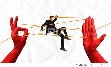 Poster. Contemporary art collage. Confident attentive man slips through drawn obstacle threads against crumpled paper background. 109083857