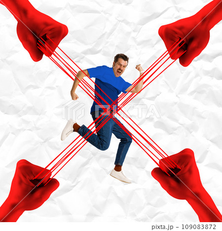 Poster. Contemporary art collage. Businessman being pulled tightly by red drawn threads by red hands against crumpled paper background. Poster. Contemporary art collage. Businessman being pulled tightly by red drawn threads by red hands against crumpled paper background. 109083872