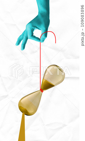 Poster. Contemporary art collage. One blue hand holding clock, hourglass against crumpled paper background. 109083896
