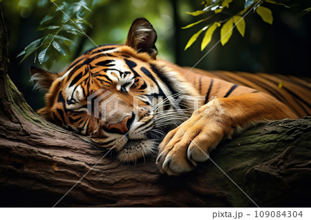 Image of tiger sleeping lying in the forest. Mammals. Wildlife Animals. 109084304