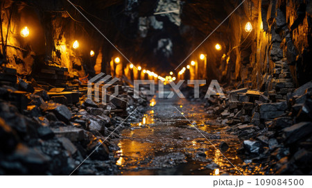 Mining tunnel with lights and rails Mining tunnel with lights and rails 109084500